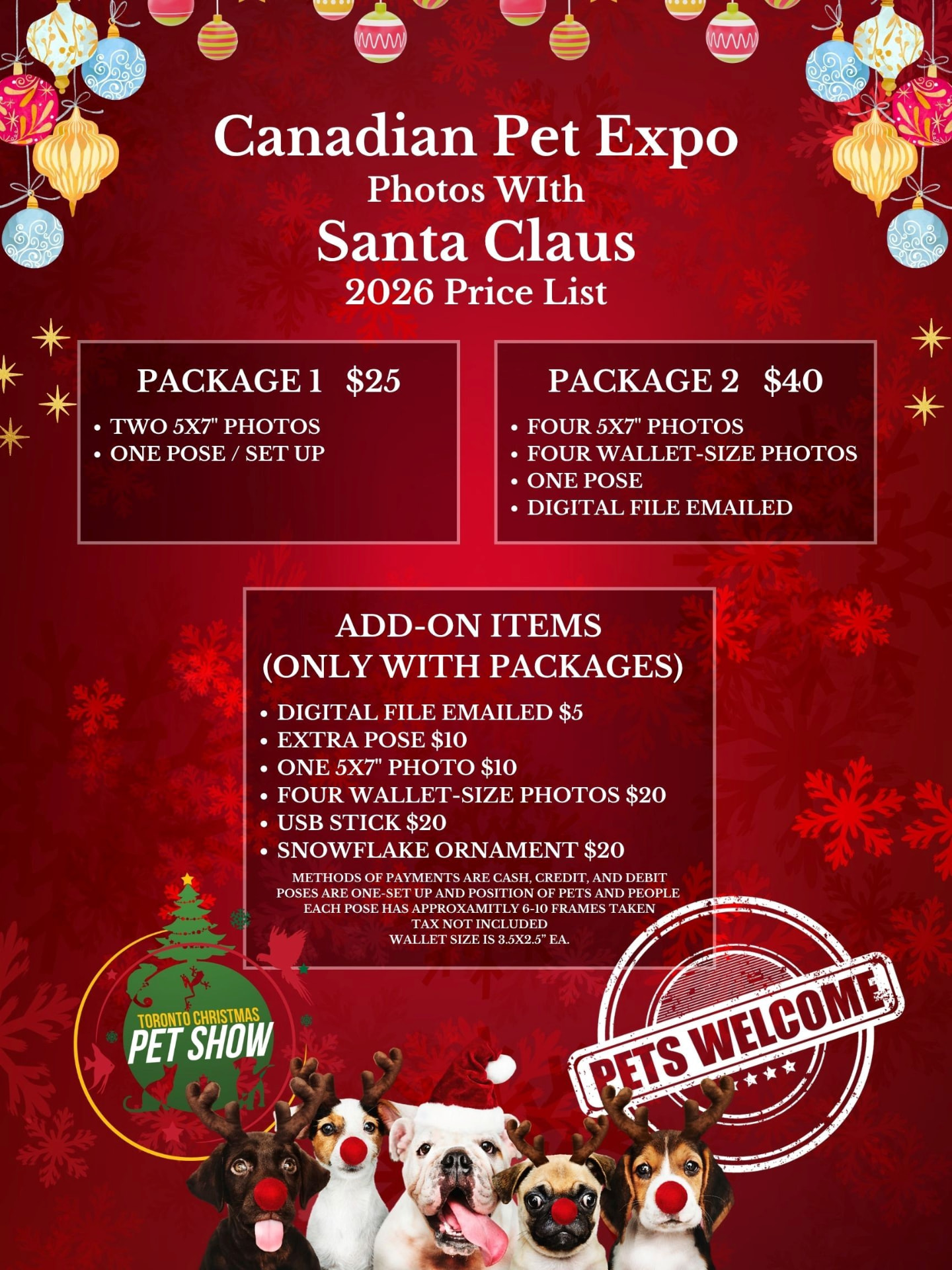 2026 Santa Paws photo packages and add-on price list for the Canadian Pet Expo