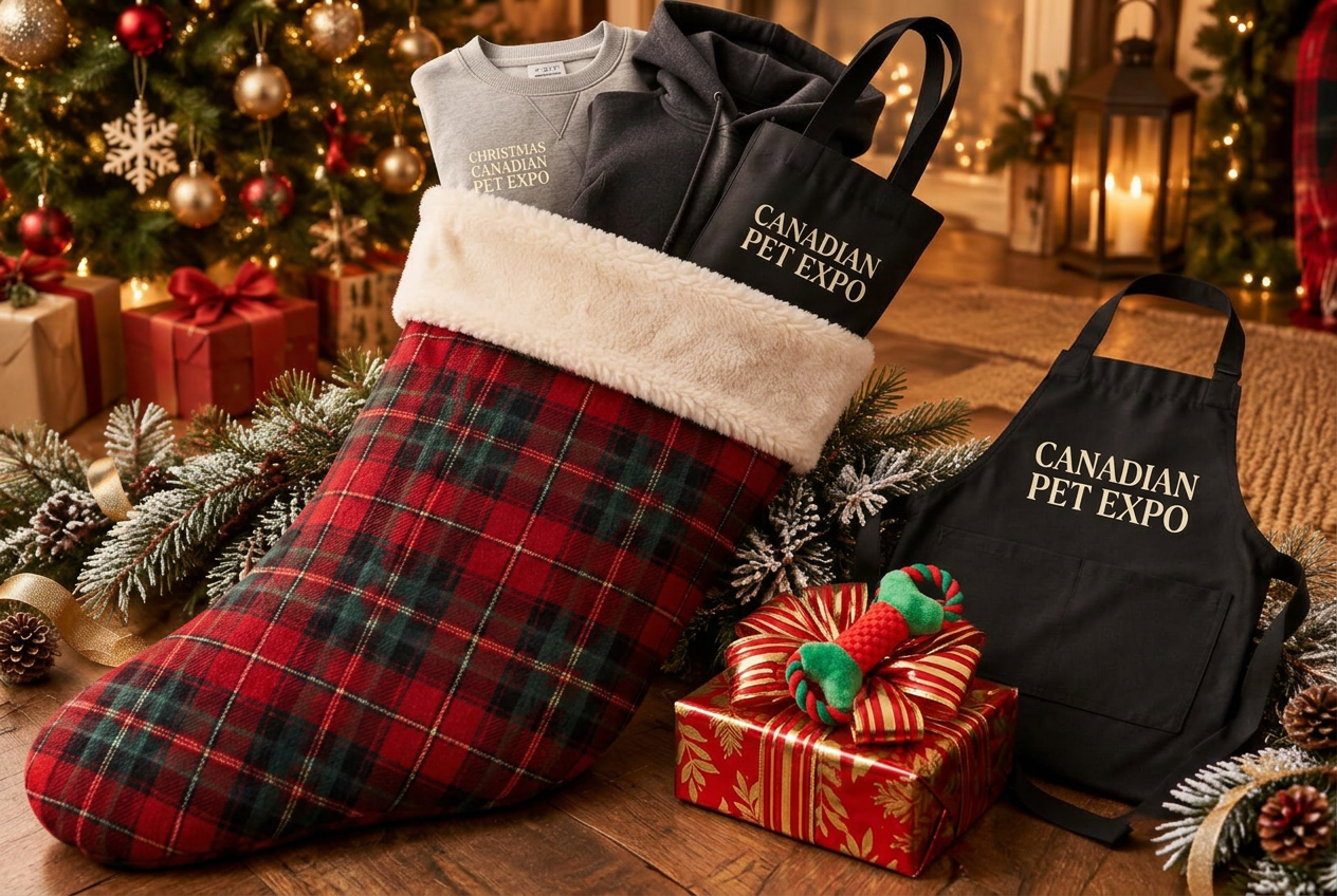 A plaid Christmas stocking overflowing with crewnecks, hoodies, a tote bag and a grooming apron beside a wrapped gift